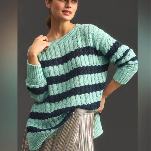NWT Anthropologie Pilcro Longline Stitch Sweater in blue and green stripes - Picture 3 of 11